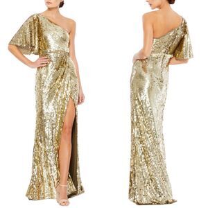 Mac Duggal Evening Gown Size 2 Gold Embellished Cap Sleeve Cowl Neck Trumpet